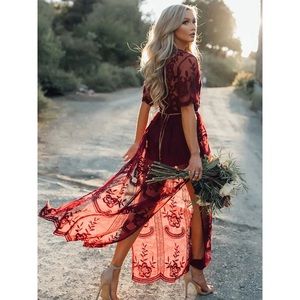 Burgundy/maroon lace romper maxi dress